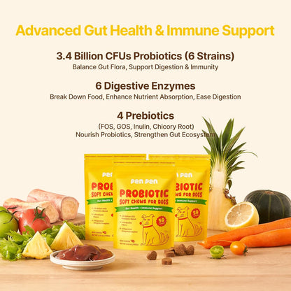 Probiotics for Dogs, Dogs Probiotics for Digestive Health, Multi-Probiotic and Enzyme Blend Promote Gut Health & Immune Support, Eases Sensitive Stomachs (Beef Chews, 50Ct)