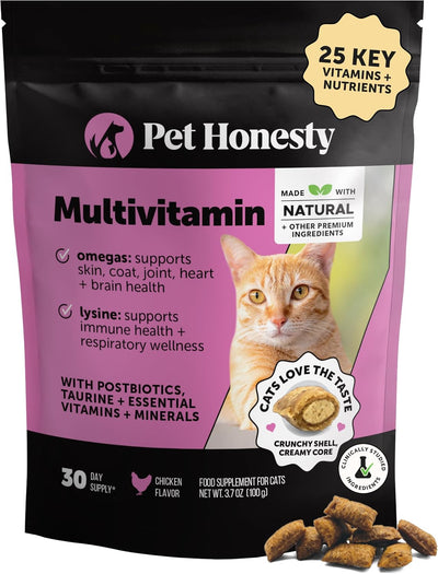 Cat Multivitamin Crunchy Creamy Chews - Daily Cat Vitamins with Lysine, Prebiotics, Omega 3 Fish Oil - Cat Treats for Immune Support, Skin Coat, Digestion, Heart + Joint Health (30-Day Supply)