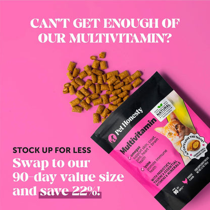 Cat Multivitamin Crunchy Creamy Chews - Daily Cat Vitamins with Lysine, Prebiotics, Omega 3 Fish Oil - Cat Treats for Immune Support, Skin Coat, Digestion, Heart + Joint Health (30-Day Supply)