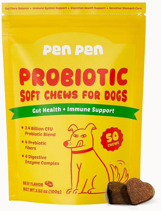 Probiotics for Dogs, Dogs Probiotics for Digestive Health, Multi-Probiotic and Enzyme Blend Promote Gut Health & Immune Support, Eases Sensitive Stomachs (Beef Chews, 50Ct)