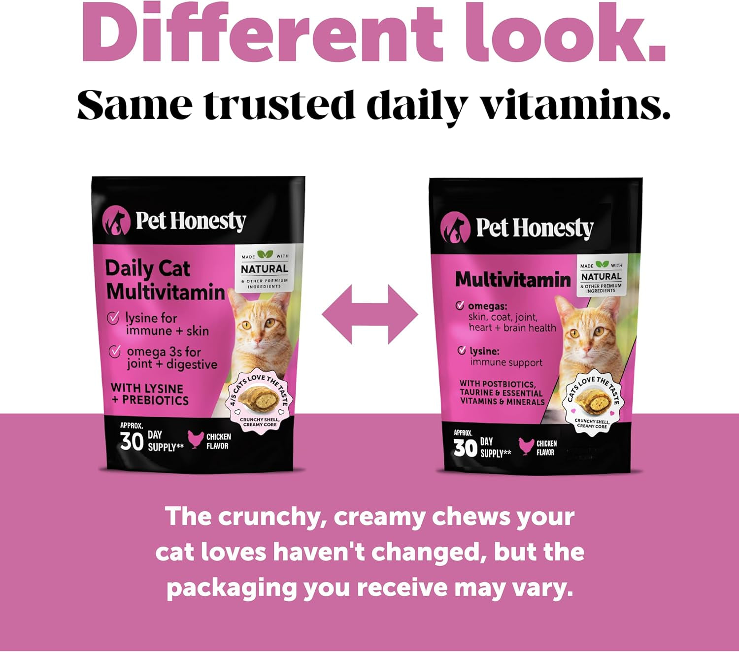Cat Multivitamin Crunchy Creamy Chews - Daily Cat Vitamins with Lysine, Prebiotics, Omega 3 Fish Oil - Cat Treats for Immune Support, Skin Coat, Digestion, Heart + Joint Health (30-Day Supply)